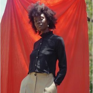 Beatrice Valenzuela Sz 1 / S Small 100% Linen Blouse Ruffle Shirt Black